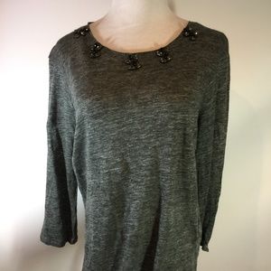 Zara Gray Knit 3/4 Sleeve Top Beaded L